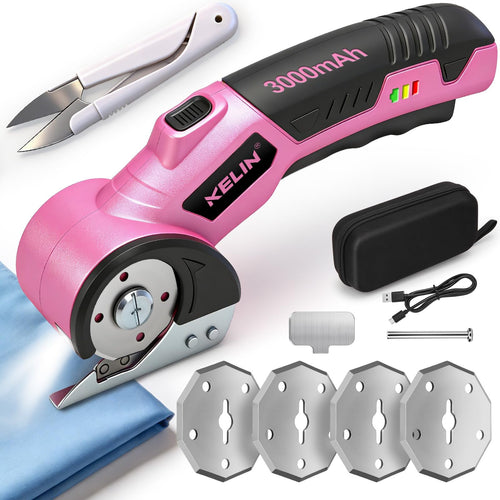 2026 New 3000mAh Electric Cardboard Box Cutter with 4 Blades, Cordless Electric Scissors with Safety Lock & LED Light, Storage Box, 300 RPM, Electric Cutter for Fabric Carpet Carton Leather Cloth