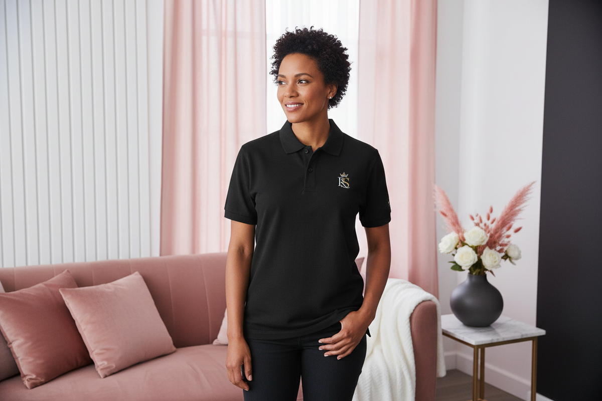 A diverse person wears a charcoal Royal Sinners Society JTB P-Low pique polo shirt in a relaxed fit. Soft rose and white tone
